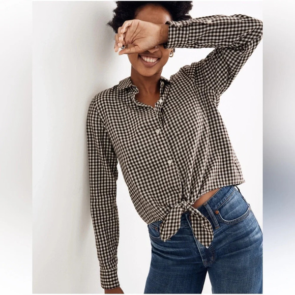Madewell Flannel Tie Front Shirt In Gingham Check - Picture 1 of 13